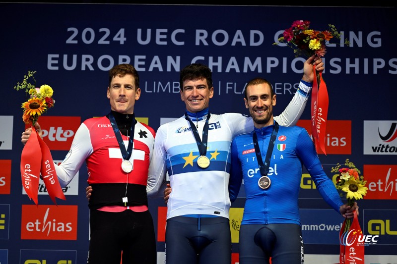 2024 UEC Road European Championships - Limburg - Flanders - Men Elite Individual Time Trial 31,2 km - 11/09/2024 - Stefan Kung (SUI - Groupama - FDJ) - Edoardo Affini (ITA - Team Visma) - Lease a Bike) - Mattia Cattaneo (ITA - Soudal - Quick Step) - photo